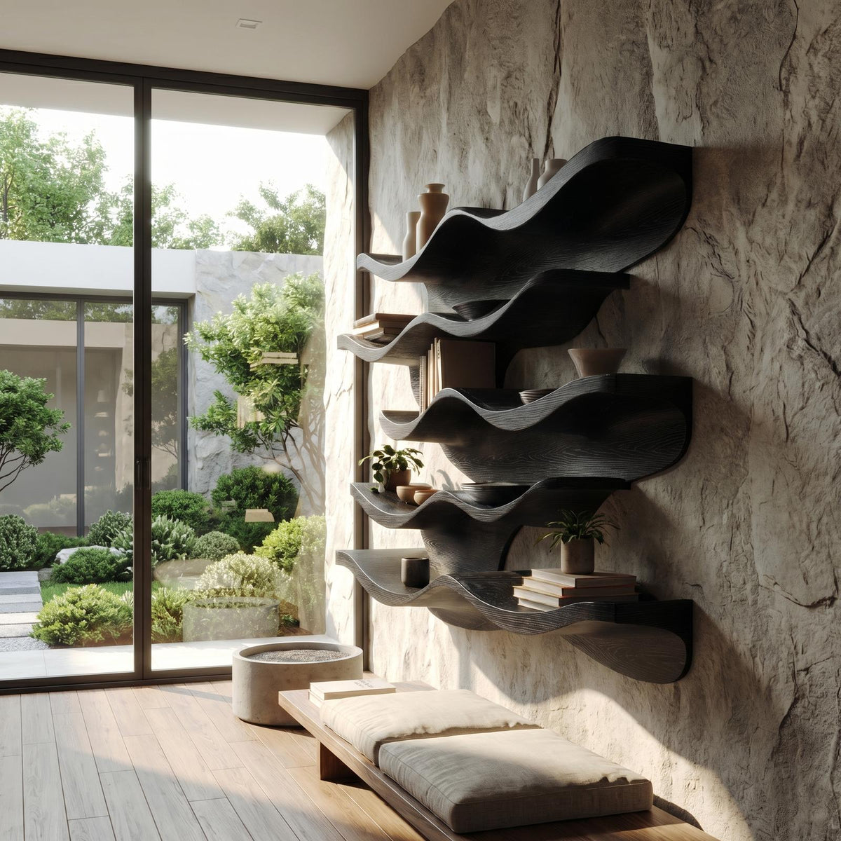 Sculptural Wave Wall Mounted Bookshelf For Living Room And Bedroom