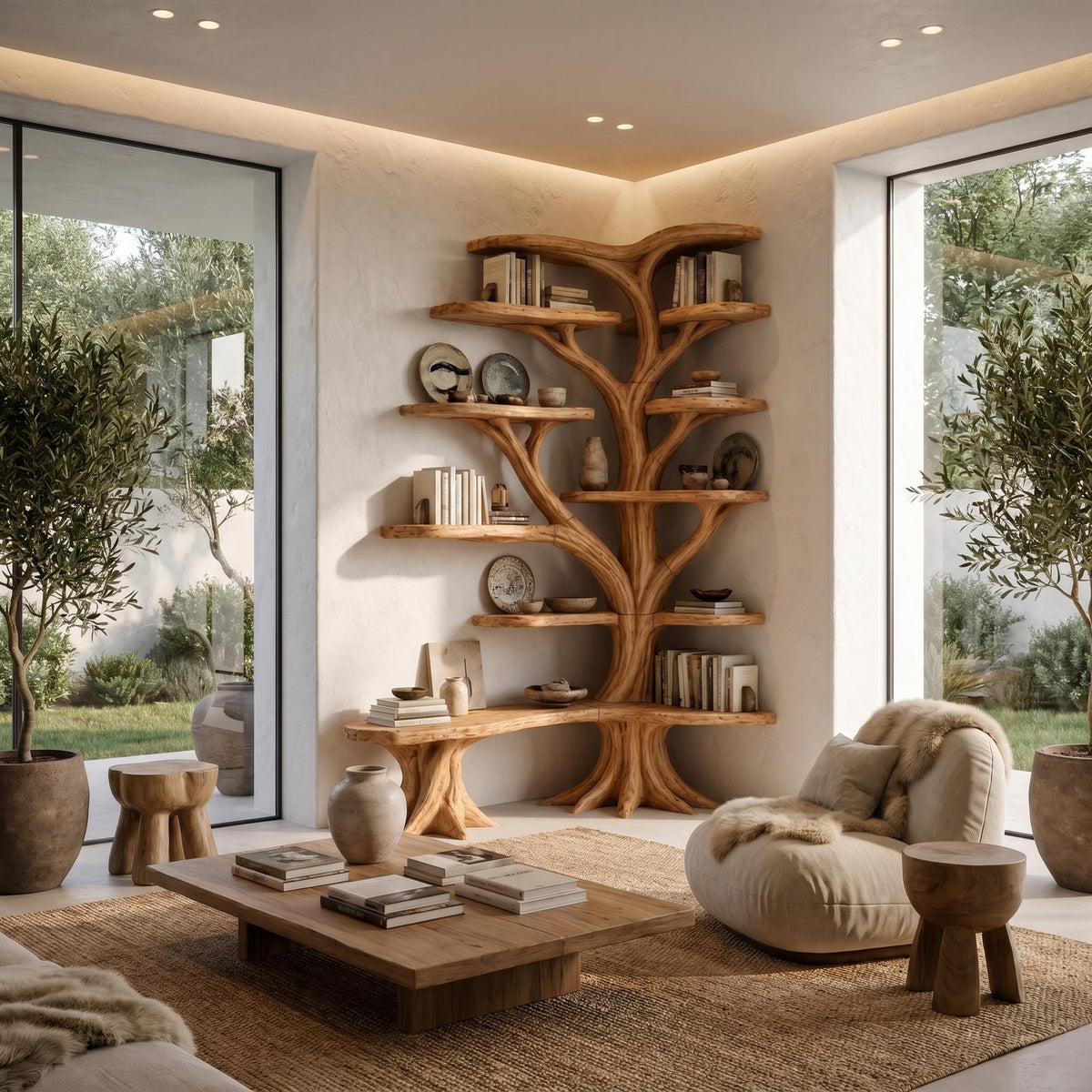 Organic Tree Bookshelf, Sculptural Branch Design Solid Wood Multi-Tier Display Rack for Living Room