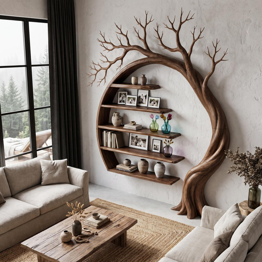 Natural Tree Bookshelf With Circular Branch Design For Living Room And Reading Nook