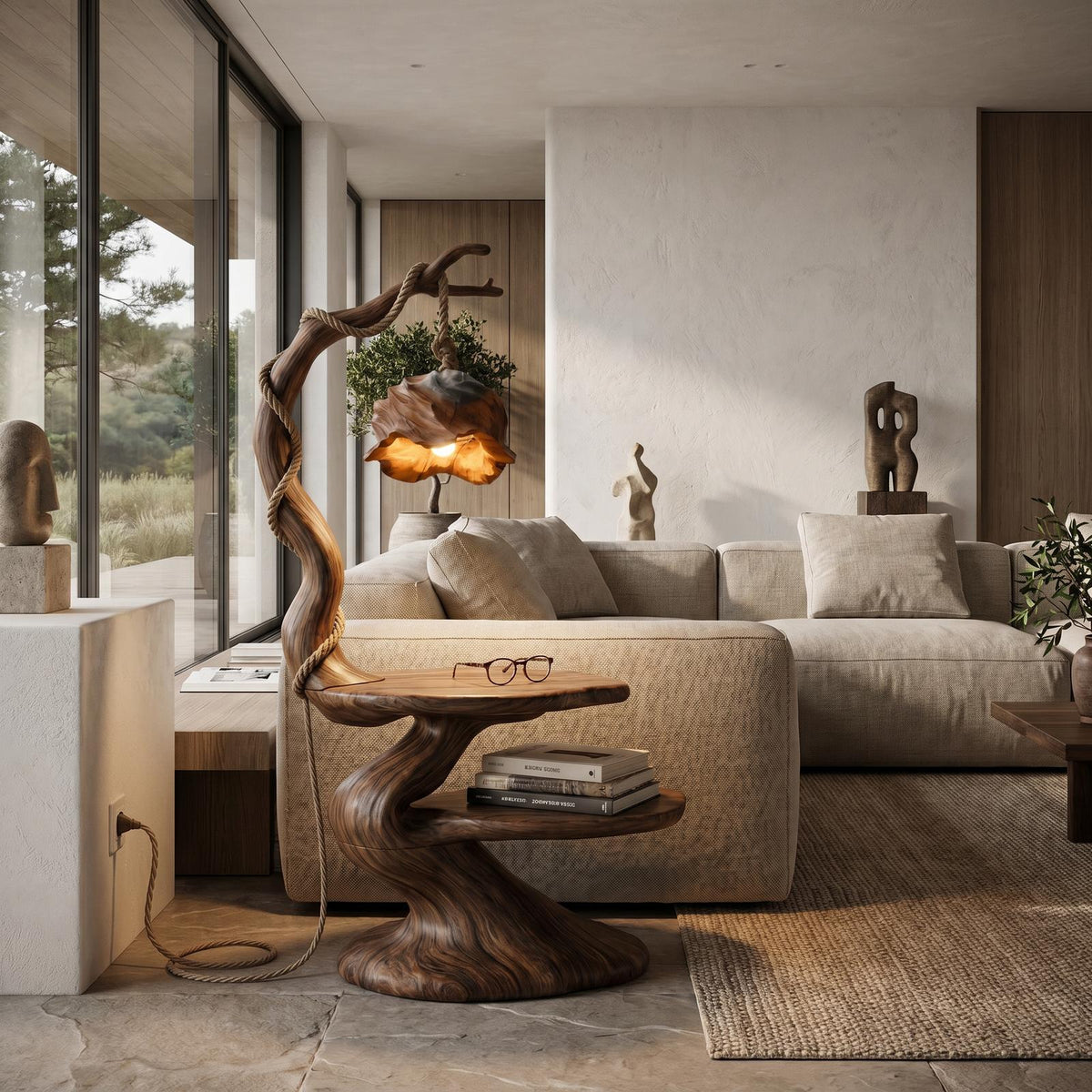Rustic Bedside Table with Tree Root Design & Hanging Lamp, Handcrafted Solid Wood Nightstand for Bedroom