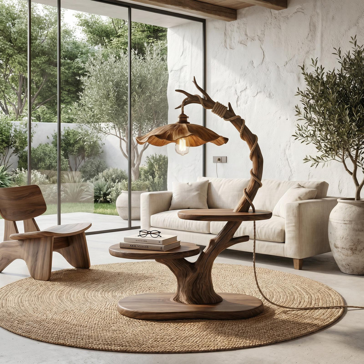 Sculptural Bedside Table with Tree Branch Lamp, Open Storage Shelves, Solid Wood Nightstand for Bedroom