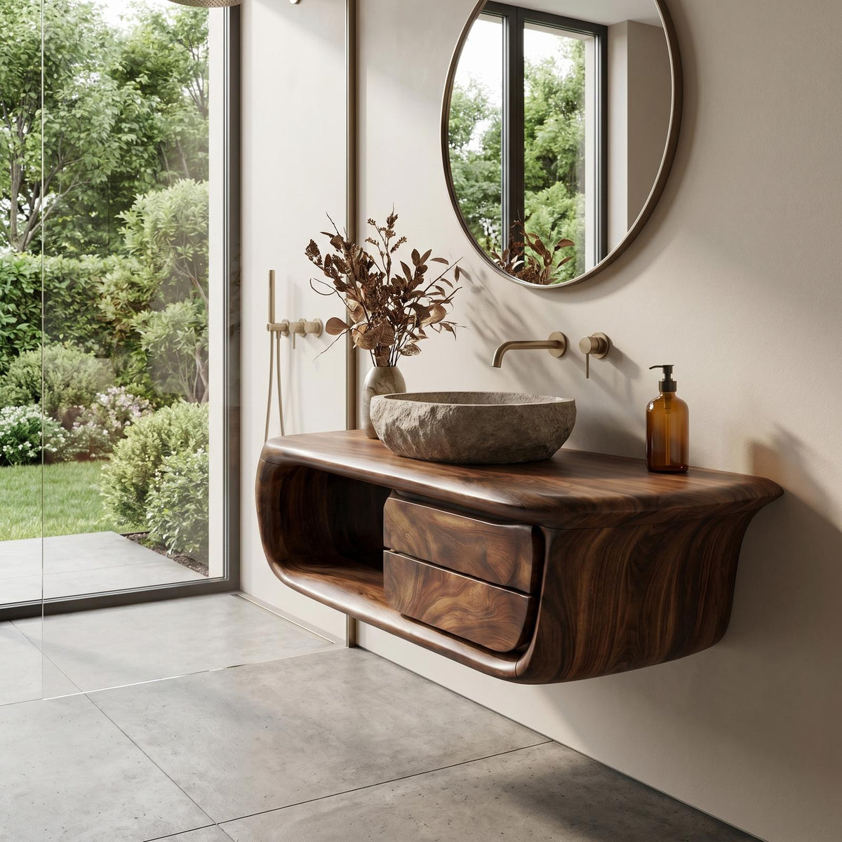 Spry Interior Floating Bathroom Vanity with Curved Wood Base, Wall Mounted Solid Wood Storage Drawer Sink Console, SINLKIBRV304