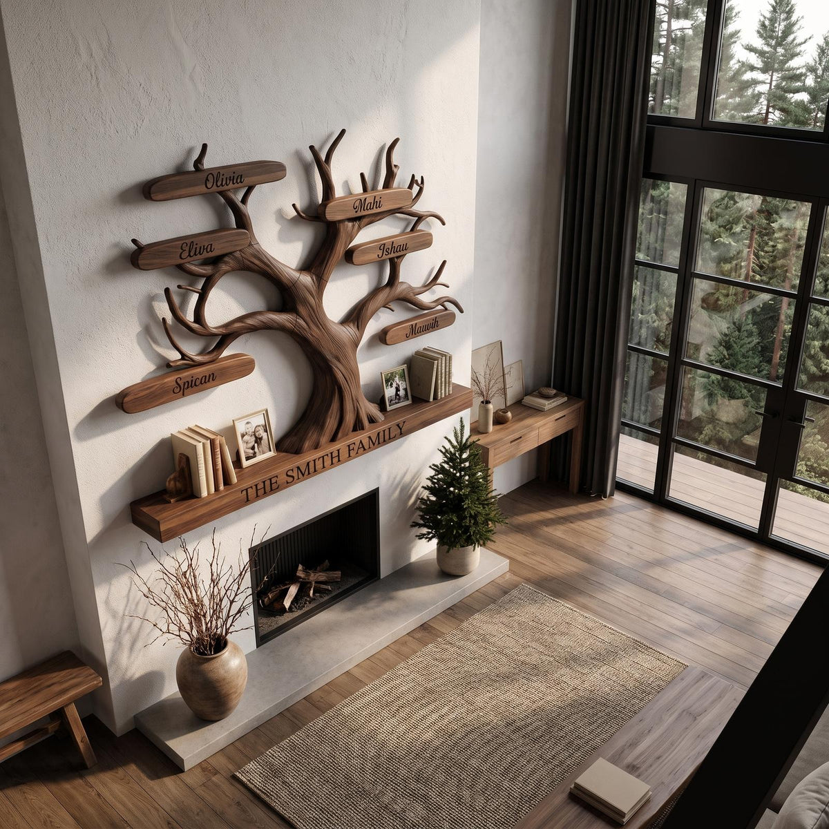 Organic Personalized Tree Wall Bookshelf With Custom Family Name For Living Room And Home Office