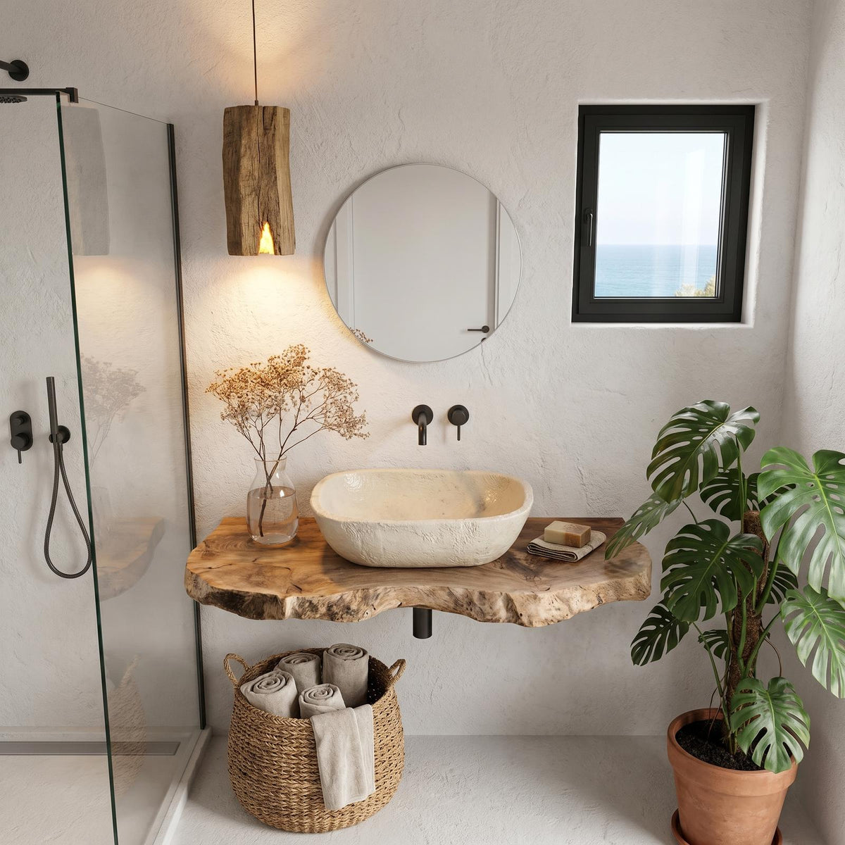 Rustic Floating Bathroom Vanity, Handcrafted Live Edge Solid Wood Shelf for Powder Room & Master Bath