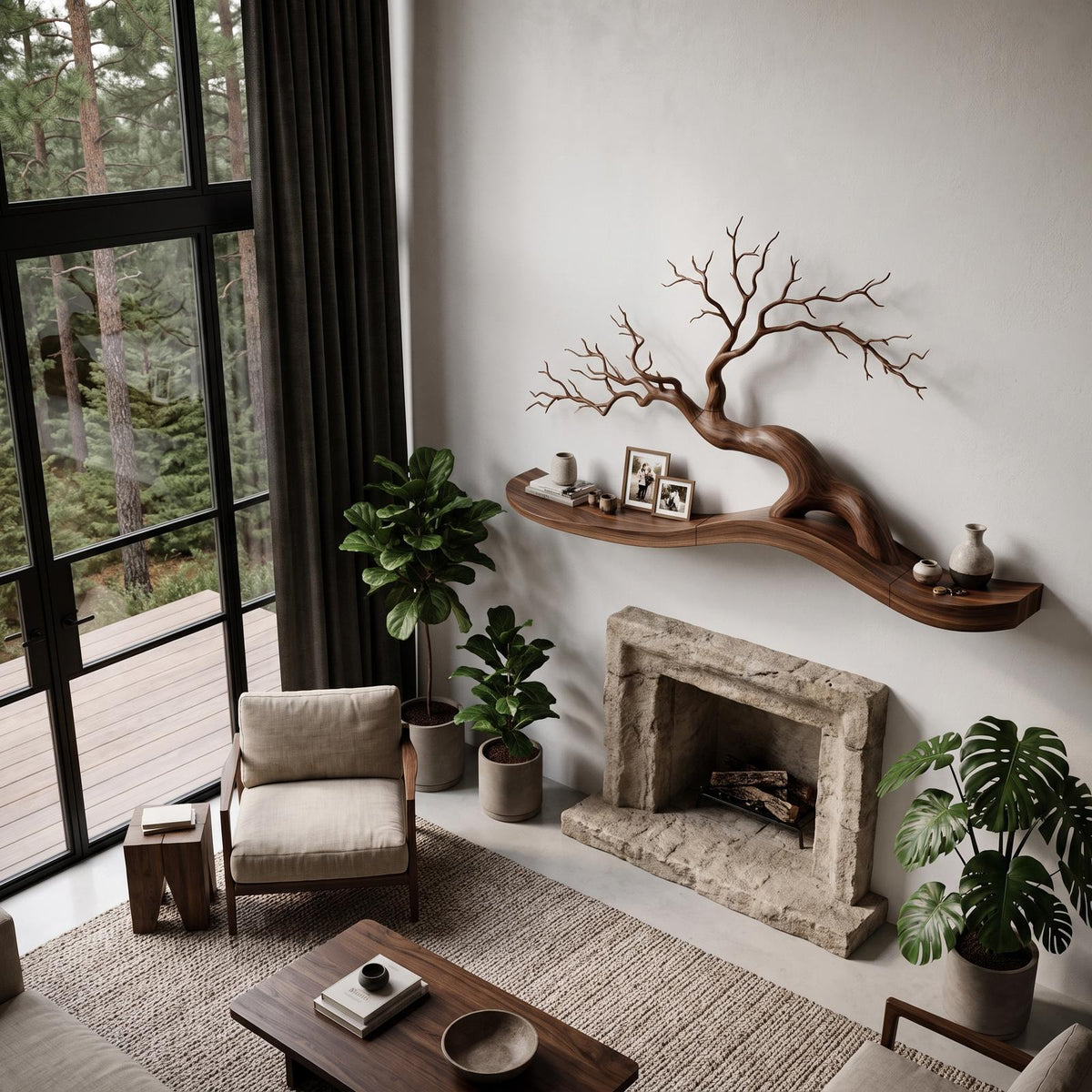 Organic Wall Mounted Shelf With Sculptural Tree Branch Design For Living Room And Bedroom