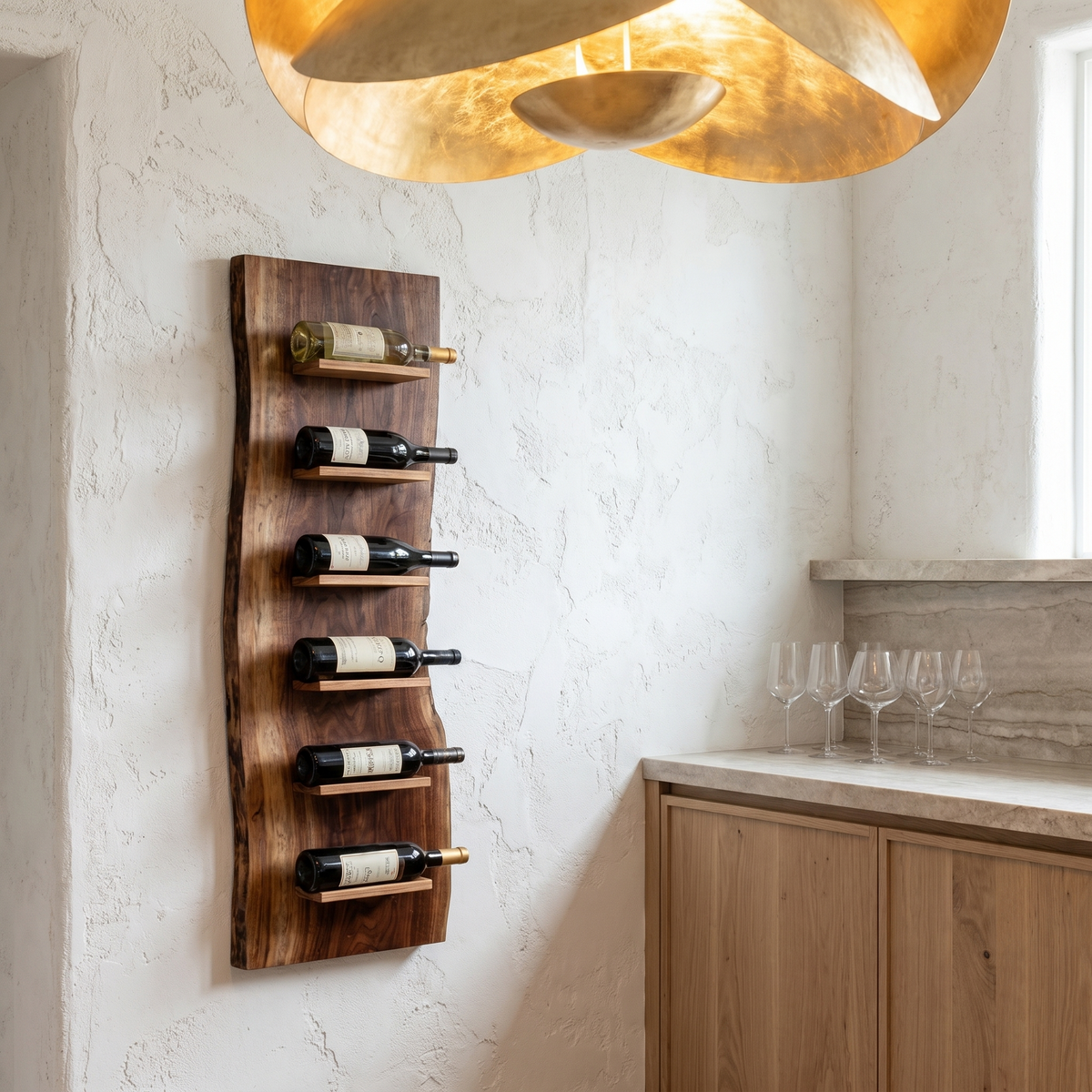 Organic Wall Mounted Wine Rack, Handcrafted Natural Wood Hanging Bottle Holder for Kitchen & Bar