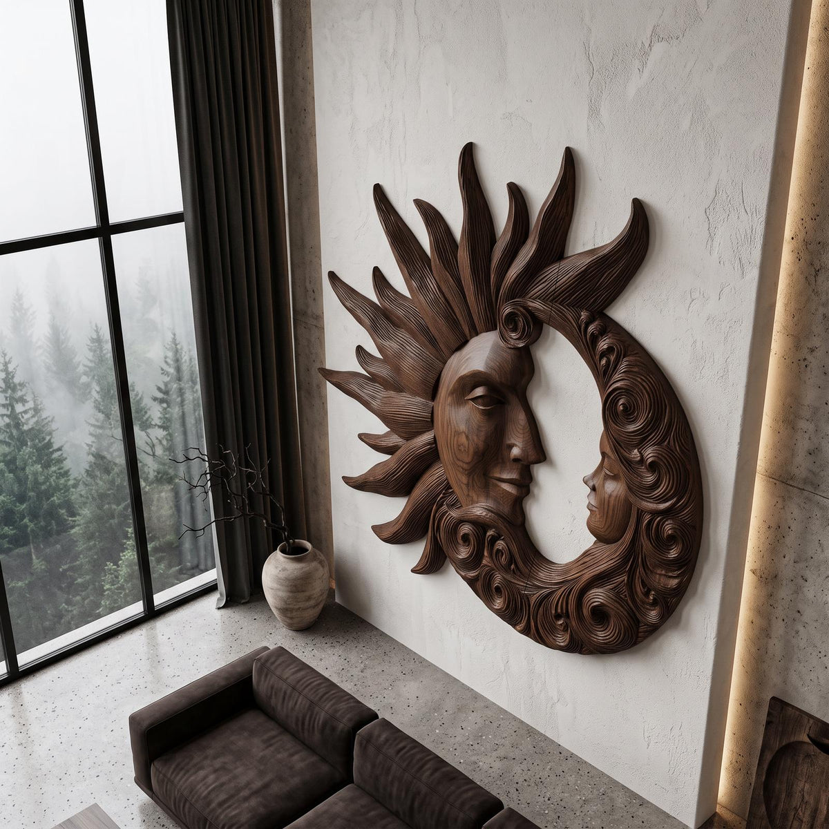 Organic Wood Wall Art With Carved Sun And Moon Design For Living Room And Bedroom