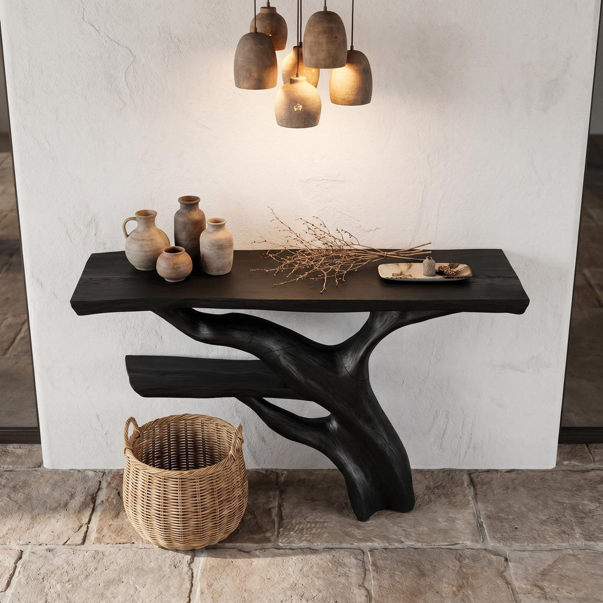 Sculptural Console Table, Abstract Tree Branch Wood Base & Solid Wood Top for Entryway & Foyer