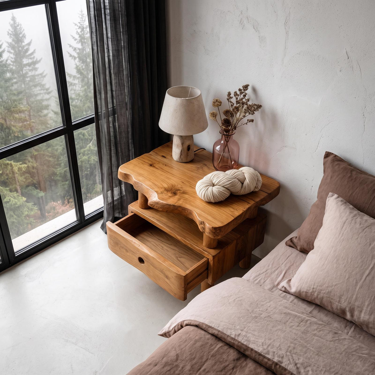 Organic Solid Wood Bedside Table With Open Shelf And Drawer SINLHANS291