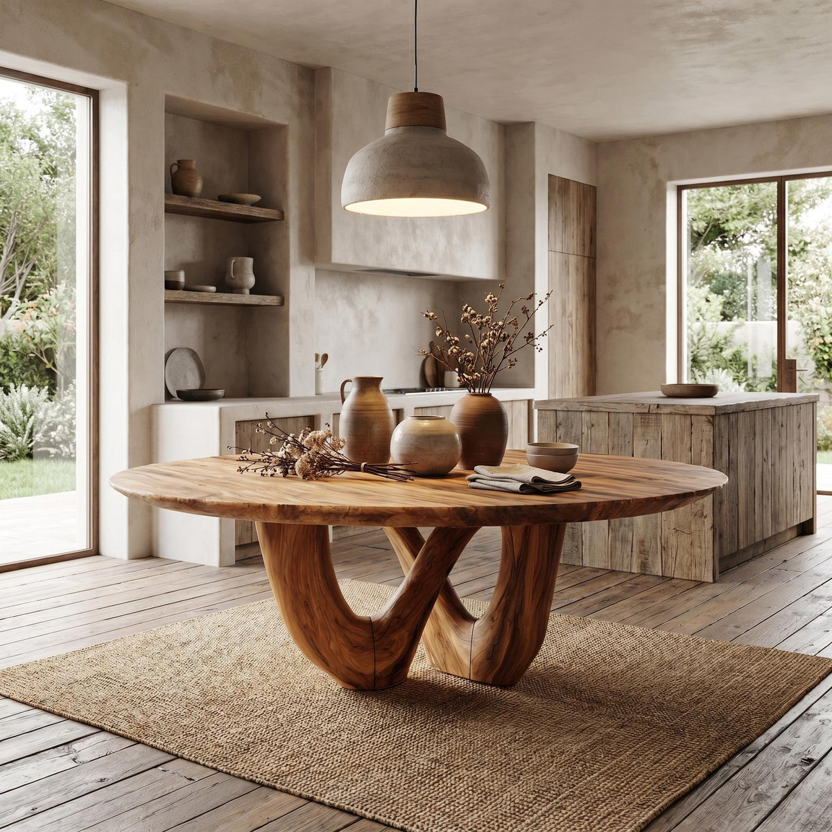 Sculptural Double Curved Base Dining Table, Handcrafted Solid Wood Dining Room & Kitchen Statement Table