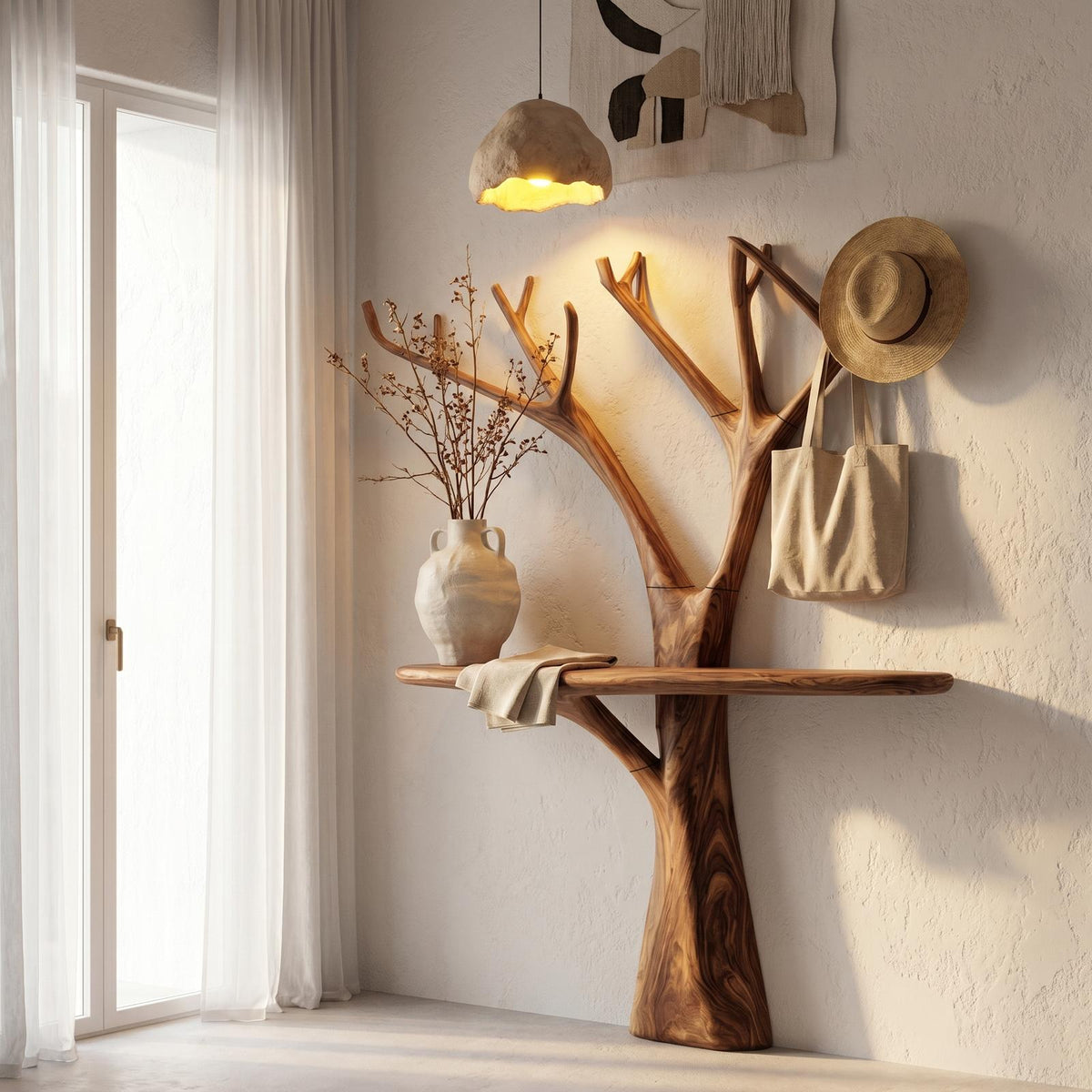 Rustic Organic Wooden Console Table, Live Edge Hallway Entryway Table with Tree Branch Base, Model
