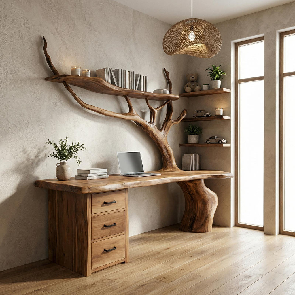 Nature-Inspired Tree Branch Desk, Sculptural Solid Wood Corner Workstation for Home Office, Study Table