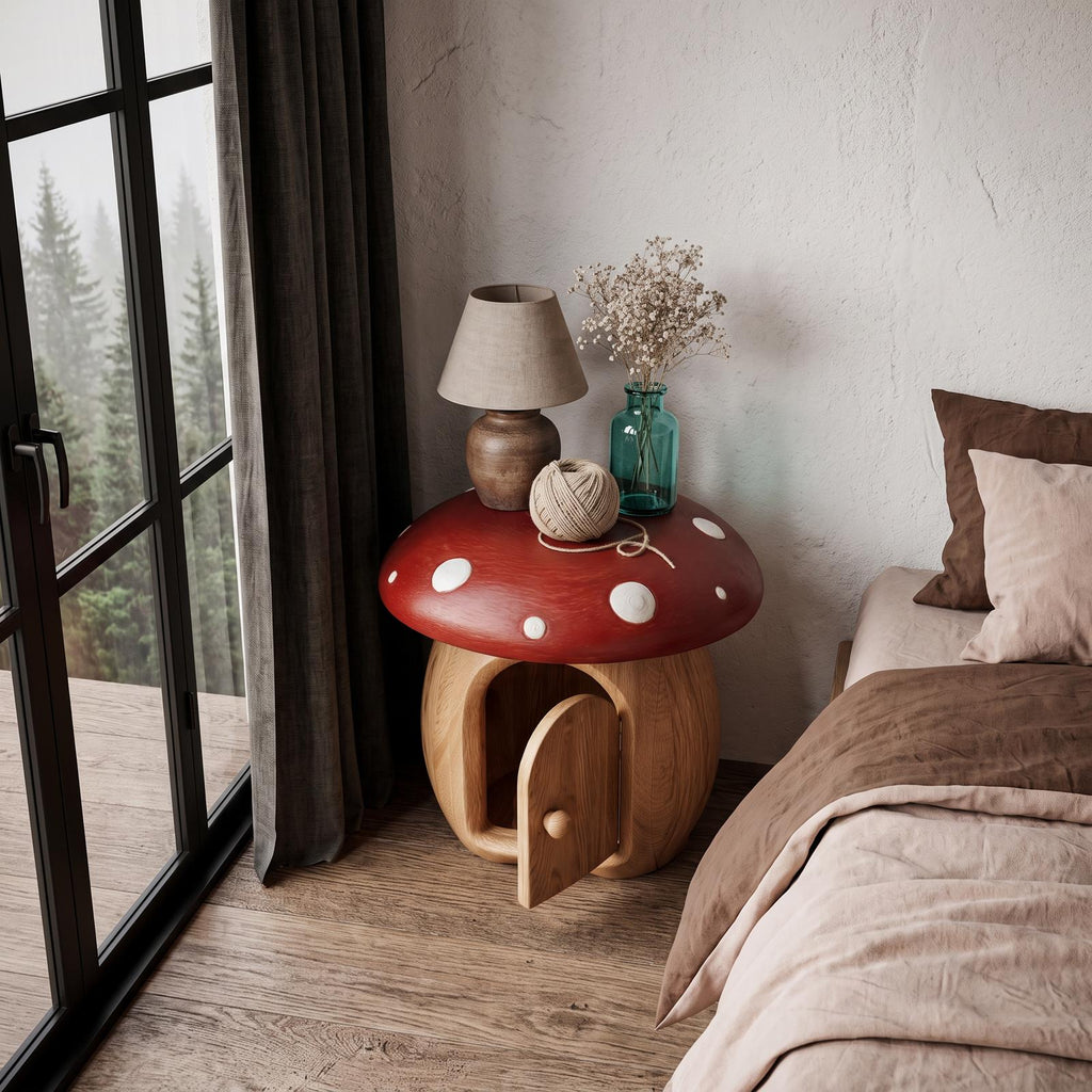 Whimsical Mushroom Bedside Table With Solid Wood Storage For Bedroom SINLHANS292