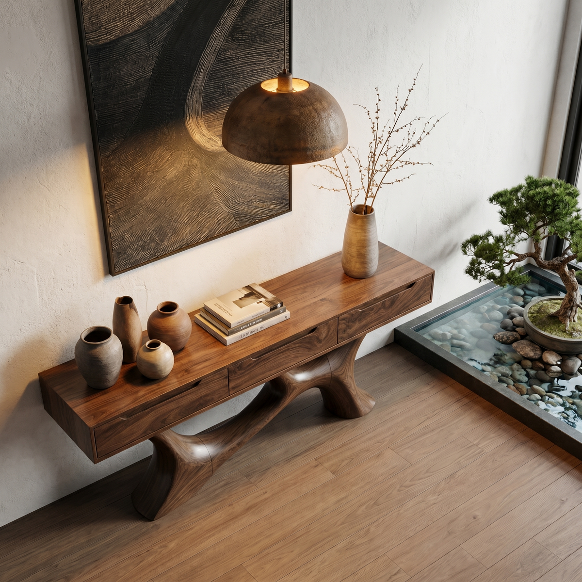 Modern Console Table with Storage Cabinet, Sculptural Curved Solid Wood Base for Entryway & Living Room
