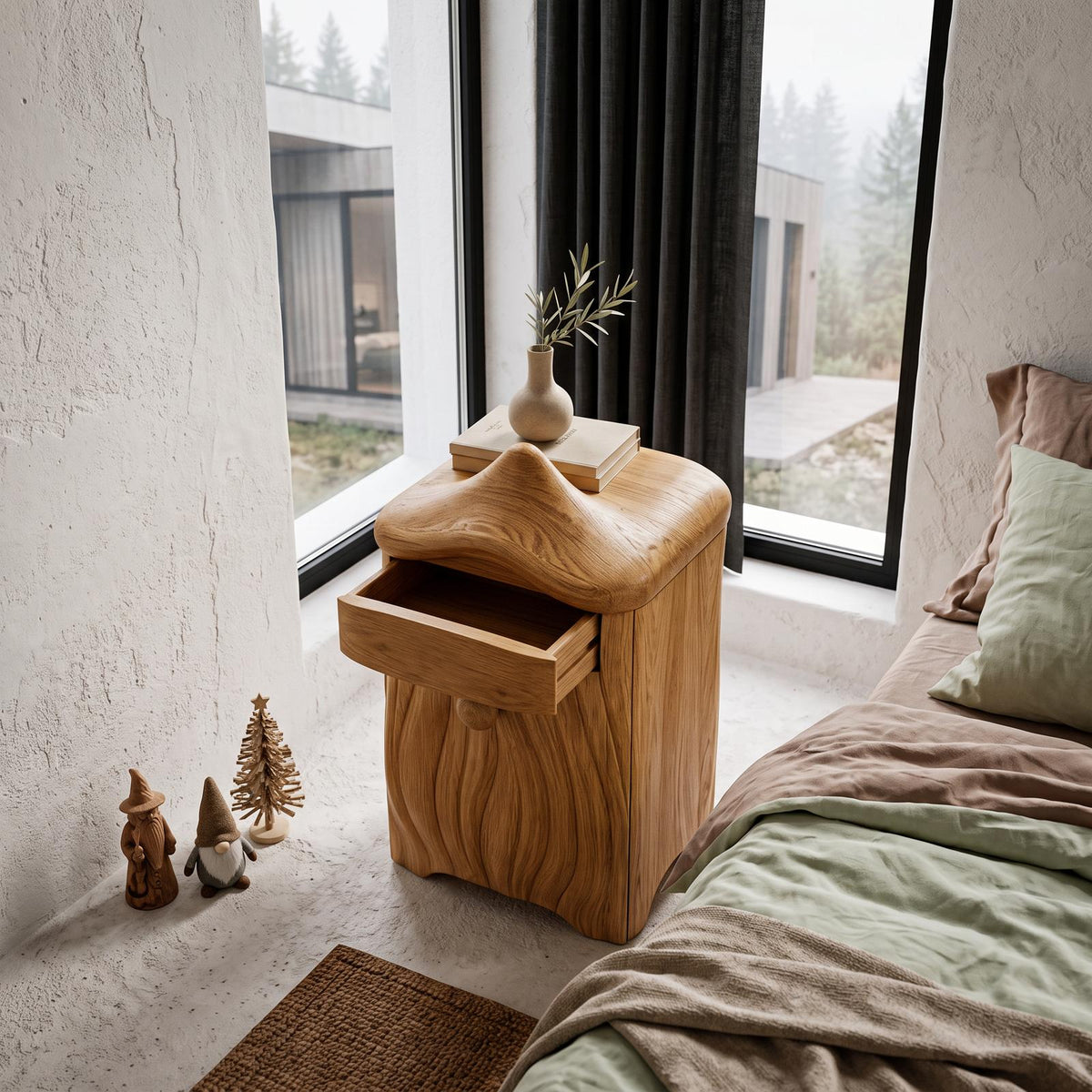 Minimalist Solid Wood Bedside Table With Artistic Door Design SINLHANS293