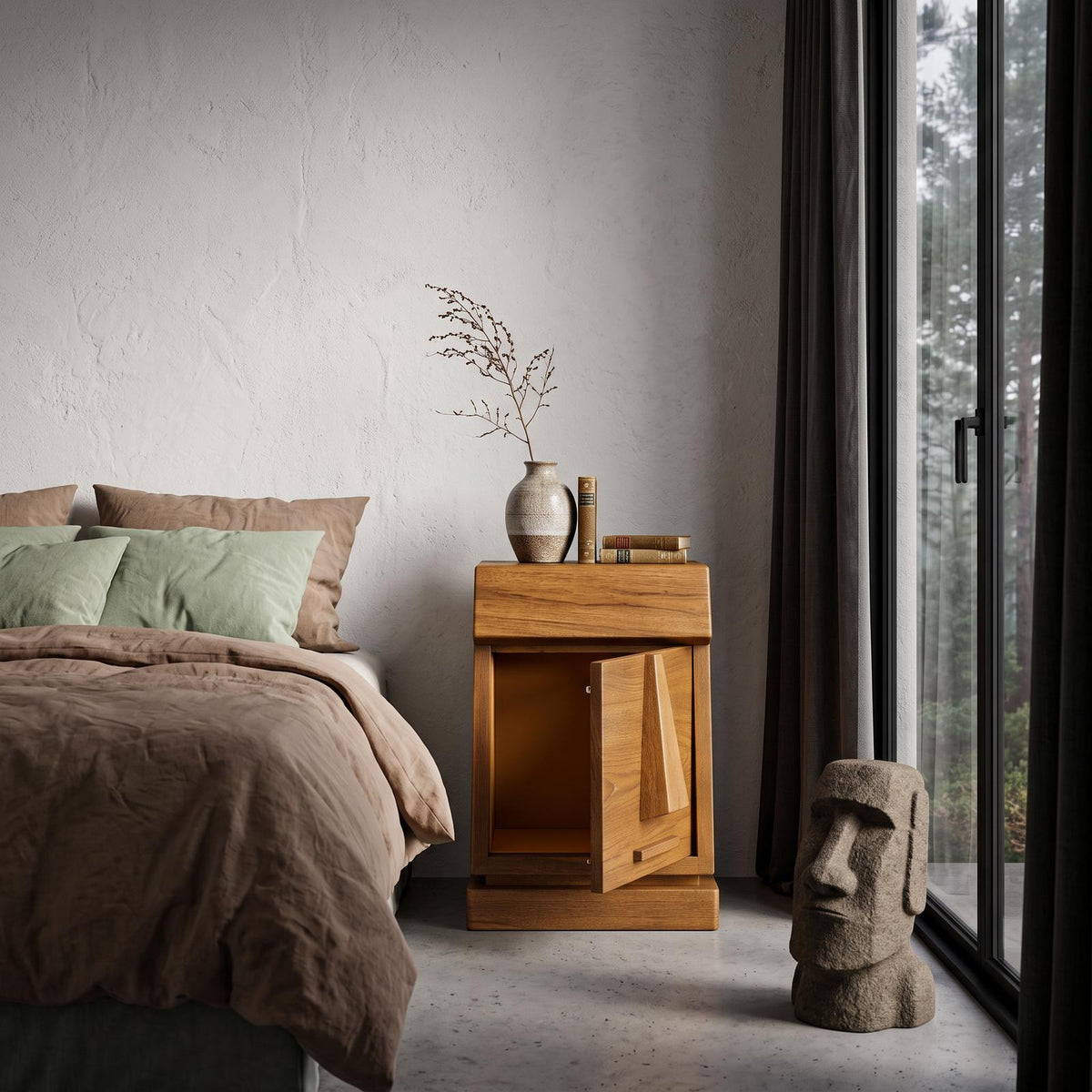 Rustic Solid Wood Bedside Table With Geometric Wooden Door SINLHANS294