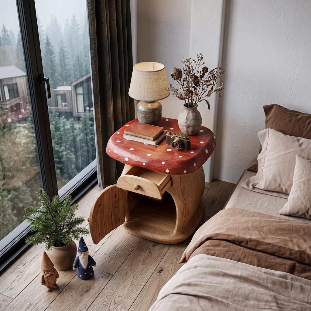 Modern Mushroom Bedside Table With Wooden Storage Door