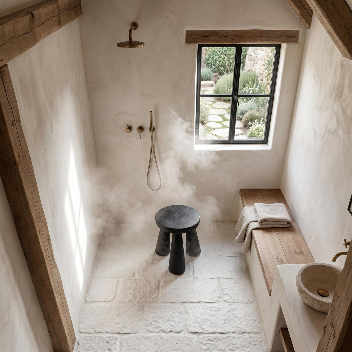 Handcrafted Solid Wood Bathroom Stool, Rustic Wooden Shower Bench & Spa Seat for Bedroom & Vanity