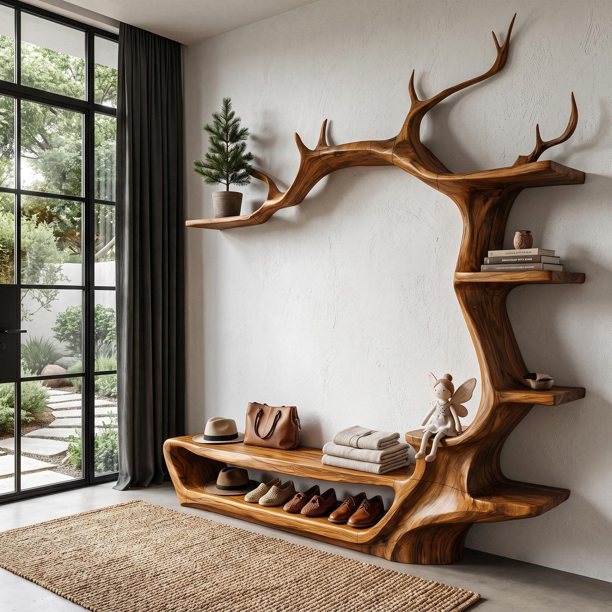 Rustic Tree Shoe Bench Wall Mounted Coat Rack For Entryway Hallway
