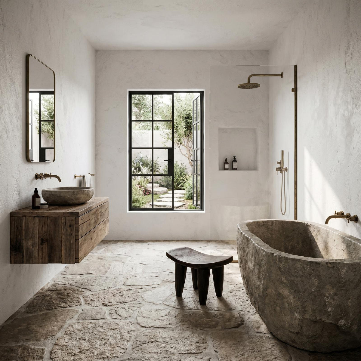 Rustic Solid Wood Stool, Artistic Sculptural Side Table and Waterproof Bath Seat for Luxury Bathroom and Living Room