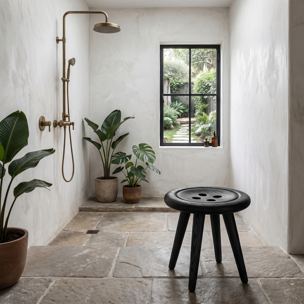Modern Organic Wood Shower Stool, Handcrafted Waterproof Spa Bath Seat Bench for Contemporary Luxury Bathroom