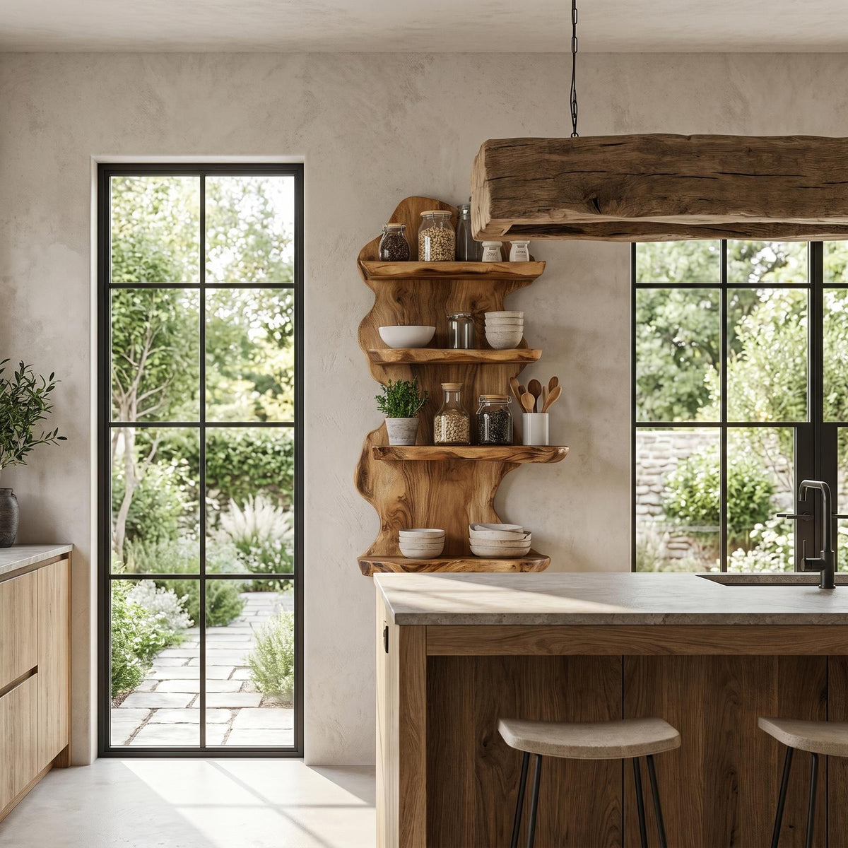 Sculptural Floating Shelf With Organic Wooden Form For Living Room And Kitchen