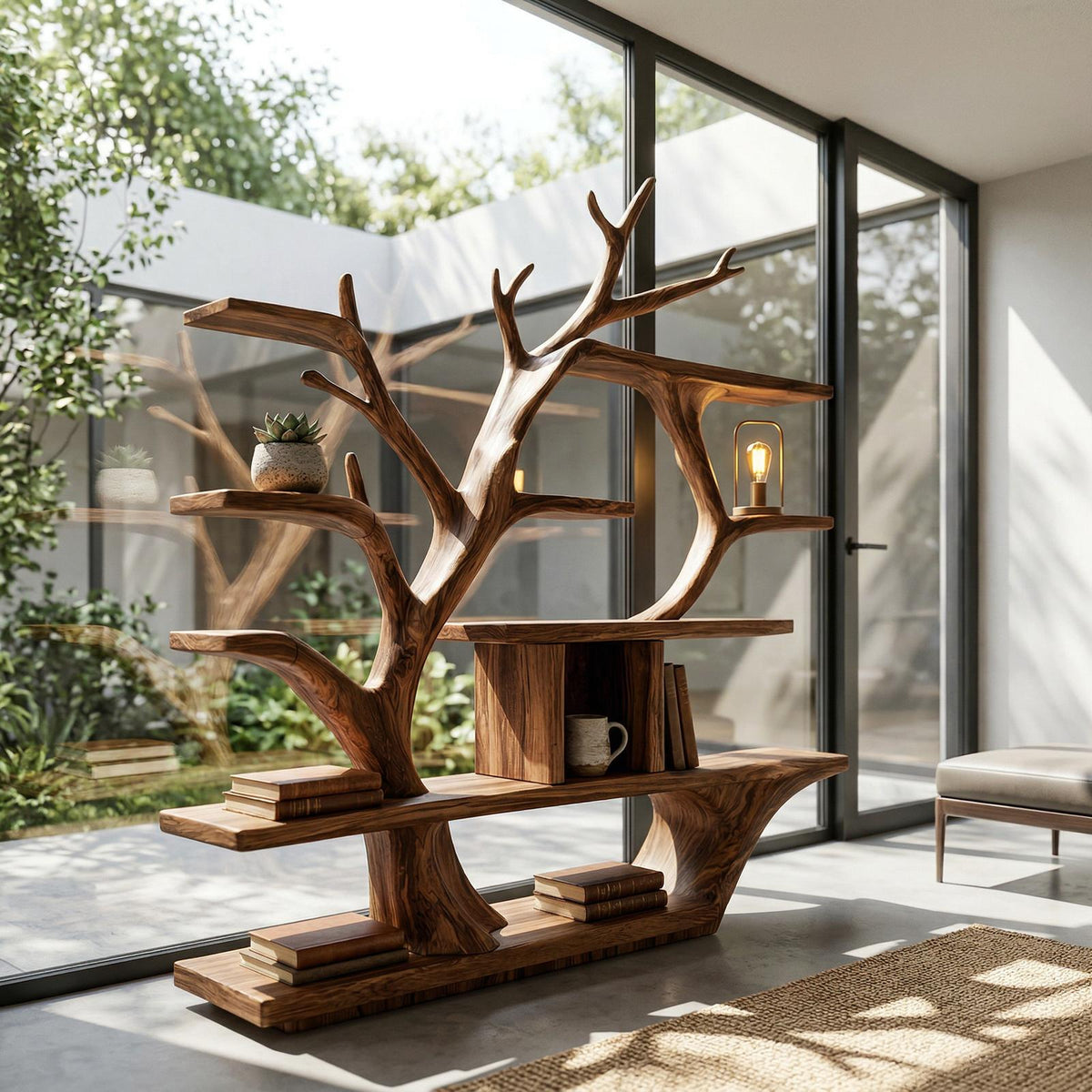 Modern Organic Tree Bookshelf, Solid Wood Branch Design Bookcase & Display Shelf for Living Room Decor