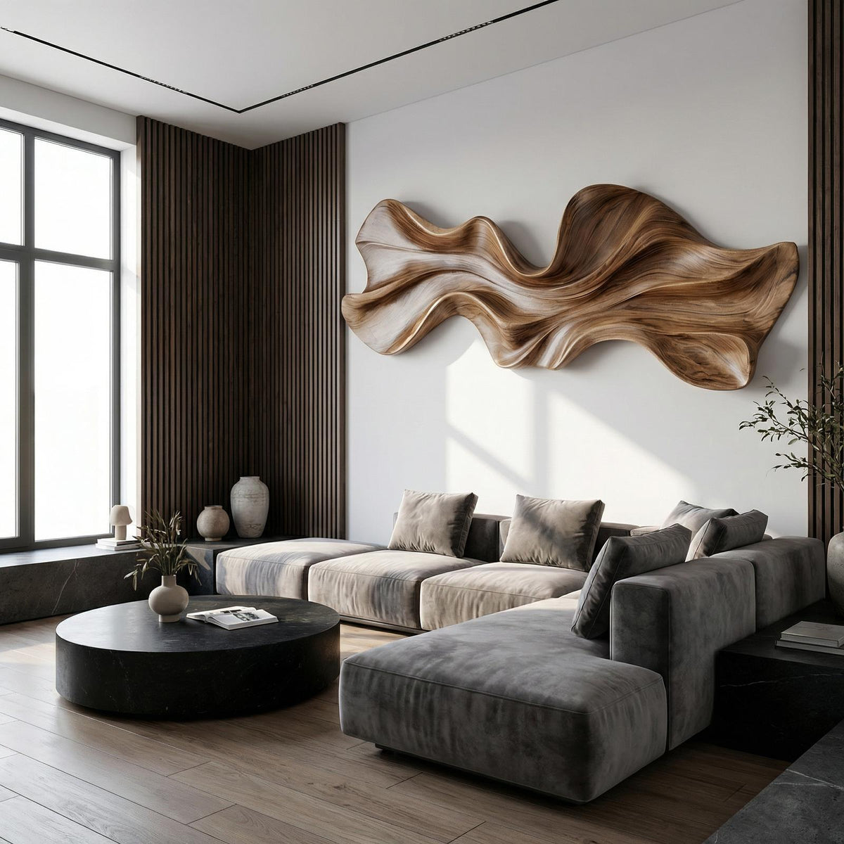 Modern Sculptural Wood Wall Decor, Handcrafted Abstract 3D Wooden Wall Art Panel for Office and Home Living Room