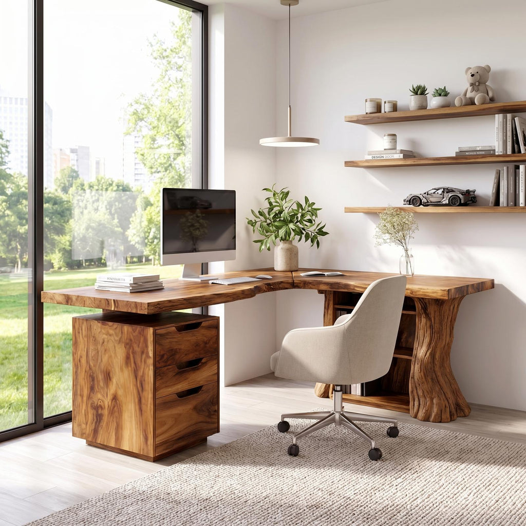 Organic Tree Branch Corner Desk with Integrated Floating Wall Shelf, Solid Wood Home Office Workstation