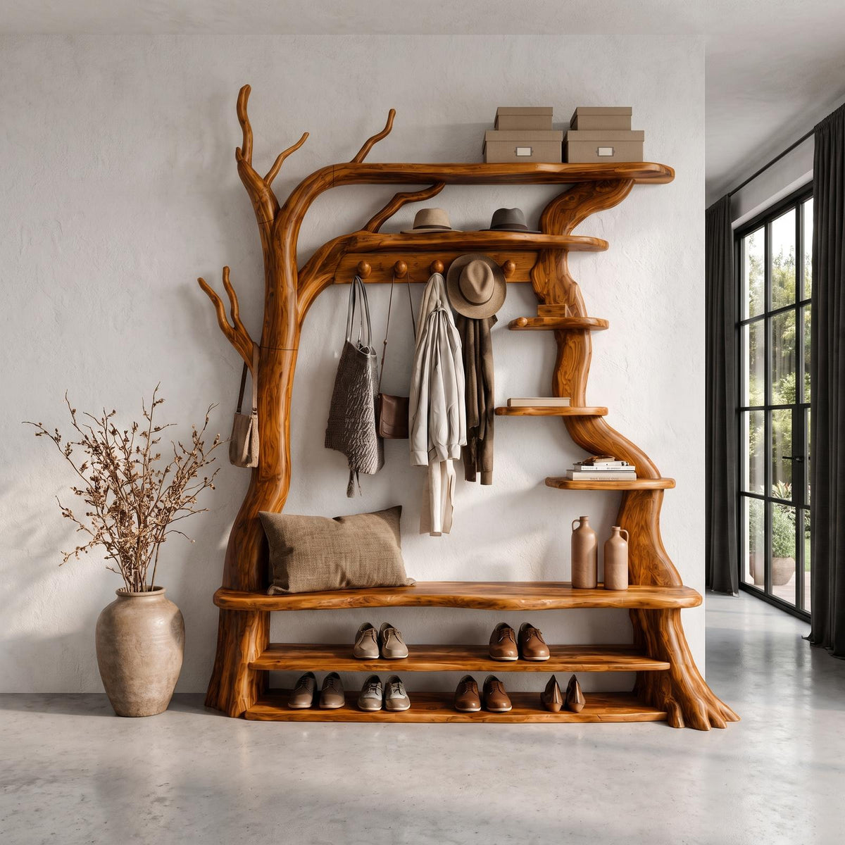 Rustic Tree Shoe Bench Coat Rack Storage Organizer For Entryway Hallway