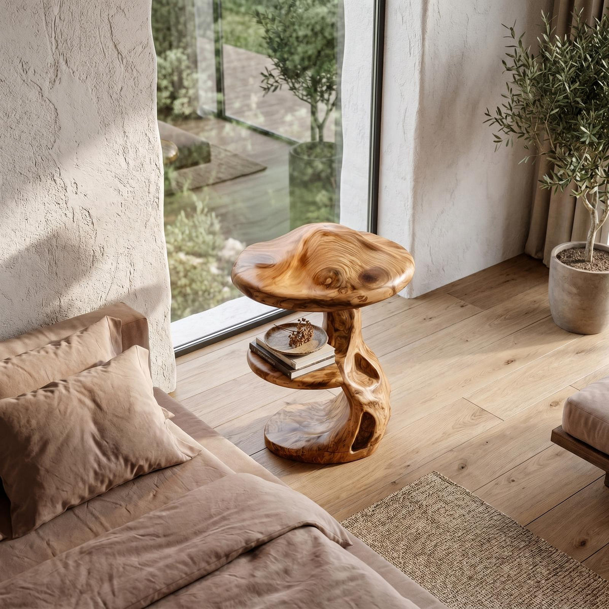 Spry Interior Rustic Mushroom Nightstand with Sculptural Tree Root Base & Built-in Drawer, Unique Solid Wood Bedside Table, SINLHABT260