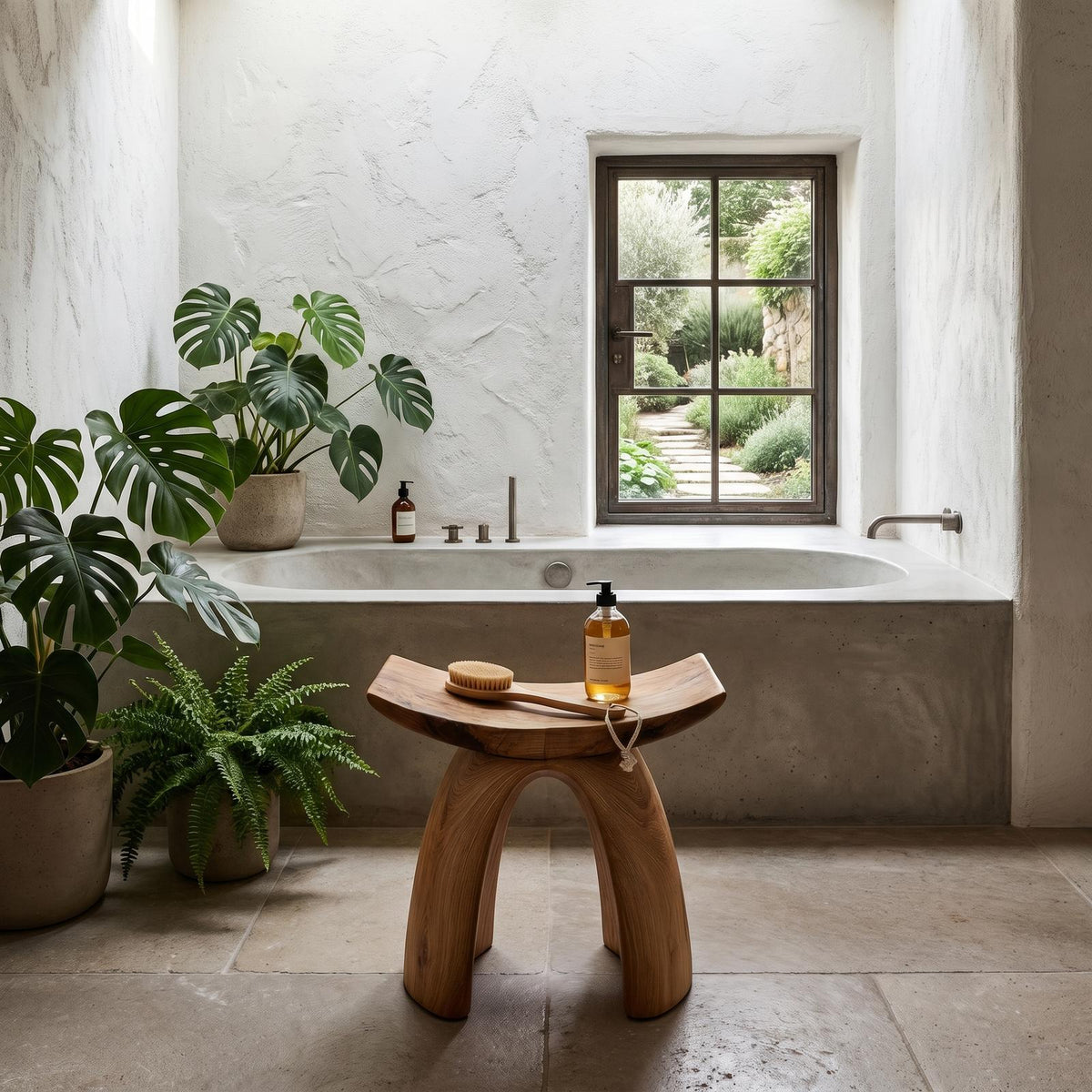 Organic Modern Solid Wood Shower Stool, Sculptural Base Waterproof Bath Seat Bench for Luxury Bathroom Spa