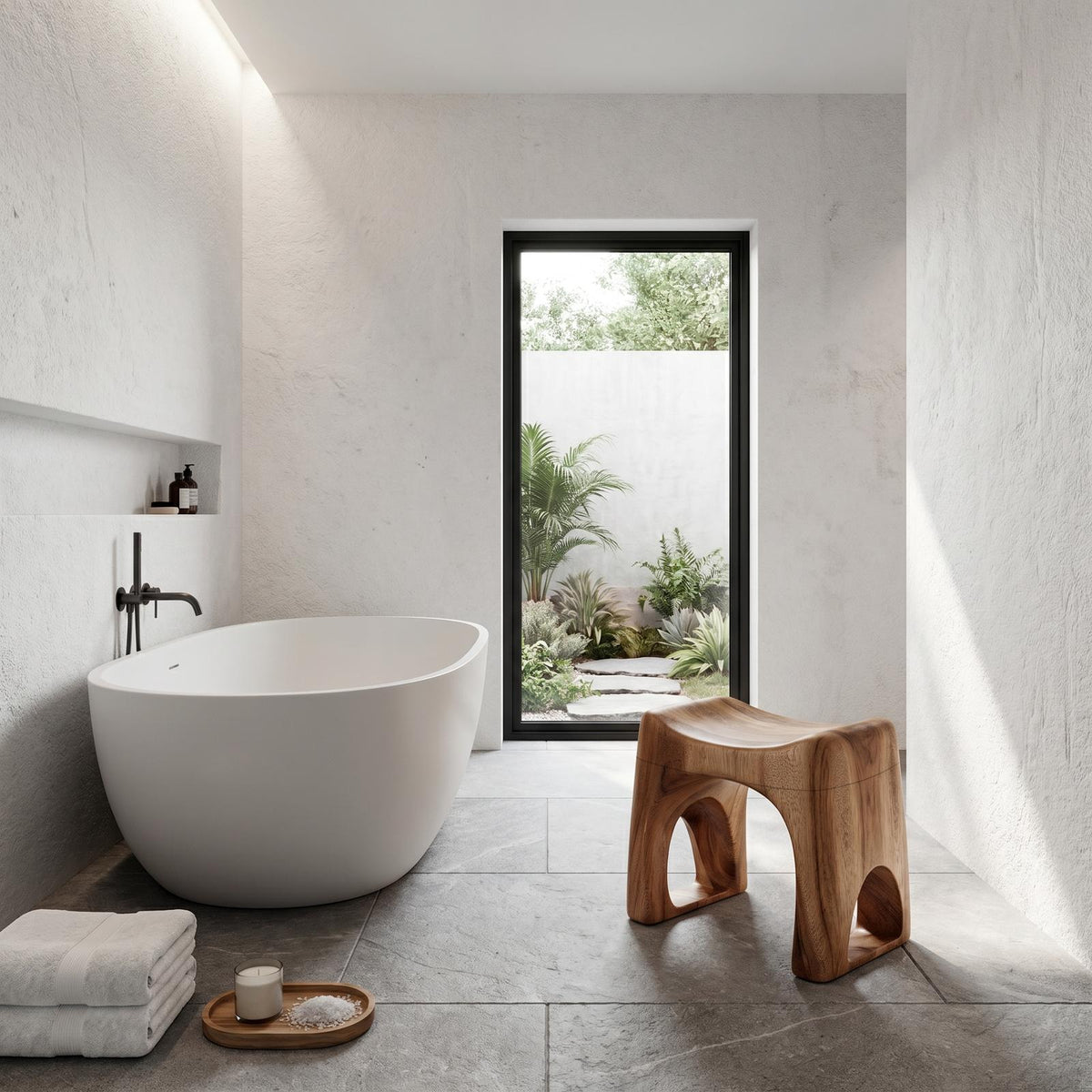 Minimalist Solid Wood Bathroom Stool, Organic Waterproof Spa Shower Bench Seat for Luxury Bathroom Decor