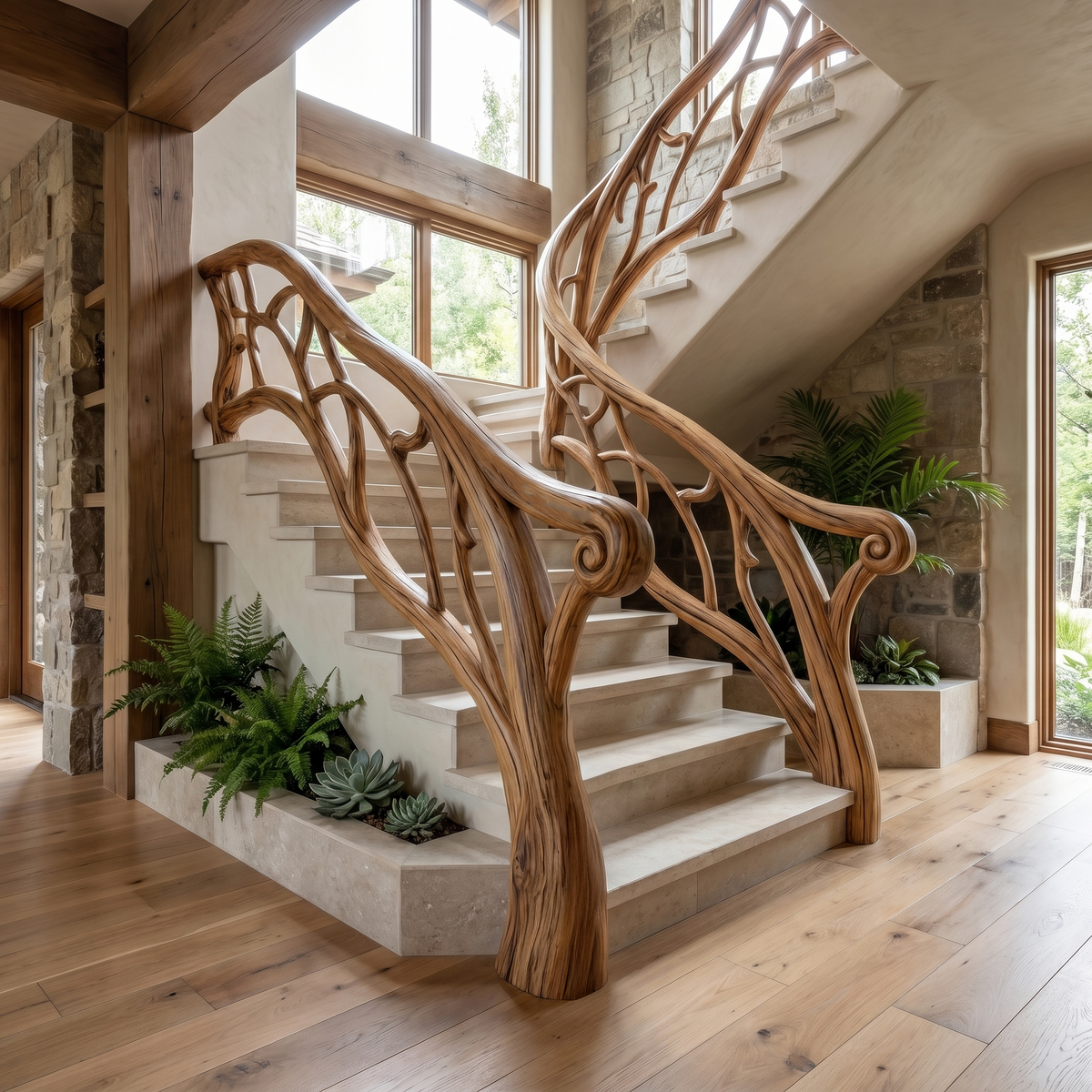 Artistic Tree Branch Stair Railing, Custom Handcrafted Sculptural Wood Handrail for Interior Staircase Remodeling
