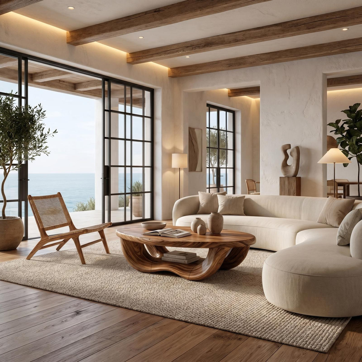 Modern Organic Coffee Table, Handcrafted Curved Solid Wood Center Table for Contemporary Living Room and Lounge