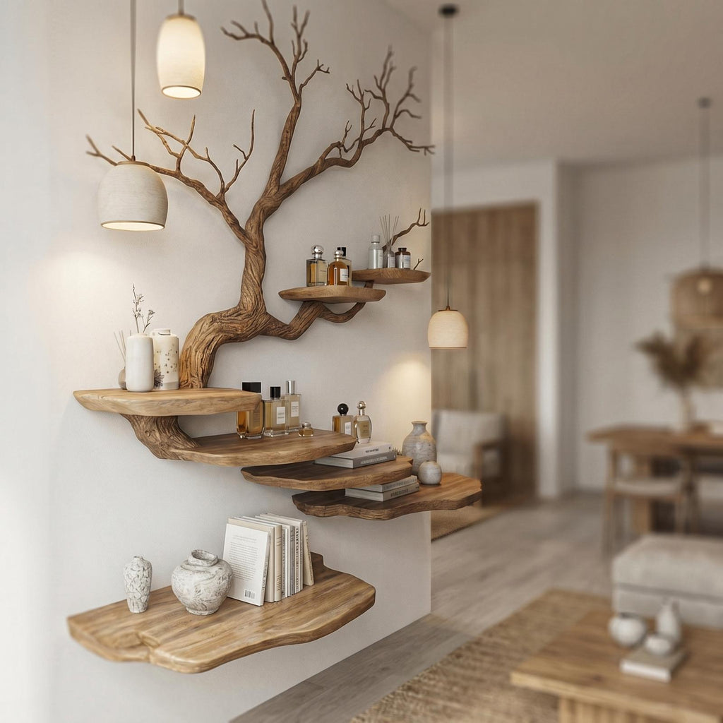 Rustic Tree Branch Wall Mounted Bookshelf For Living Room And Bedroom Space