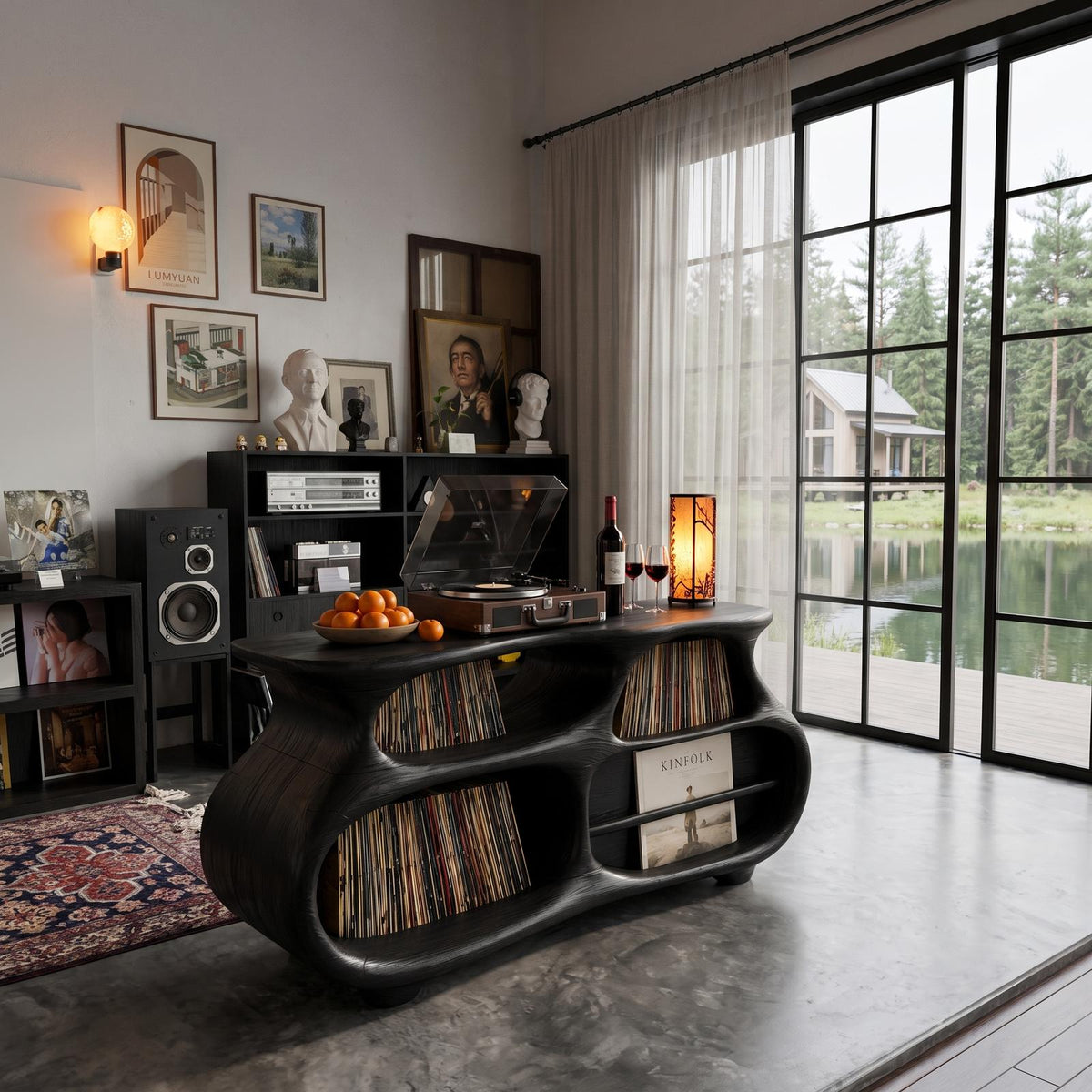 Mid Century Vinyl Record Stand With Artistic Flowing Silhouette For Entryway