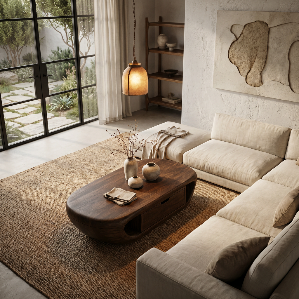 Modern Wood Coffee Table with Built-In Storage Shelf, Sleek Mid-Century Center Table for Living Room