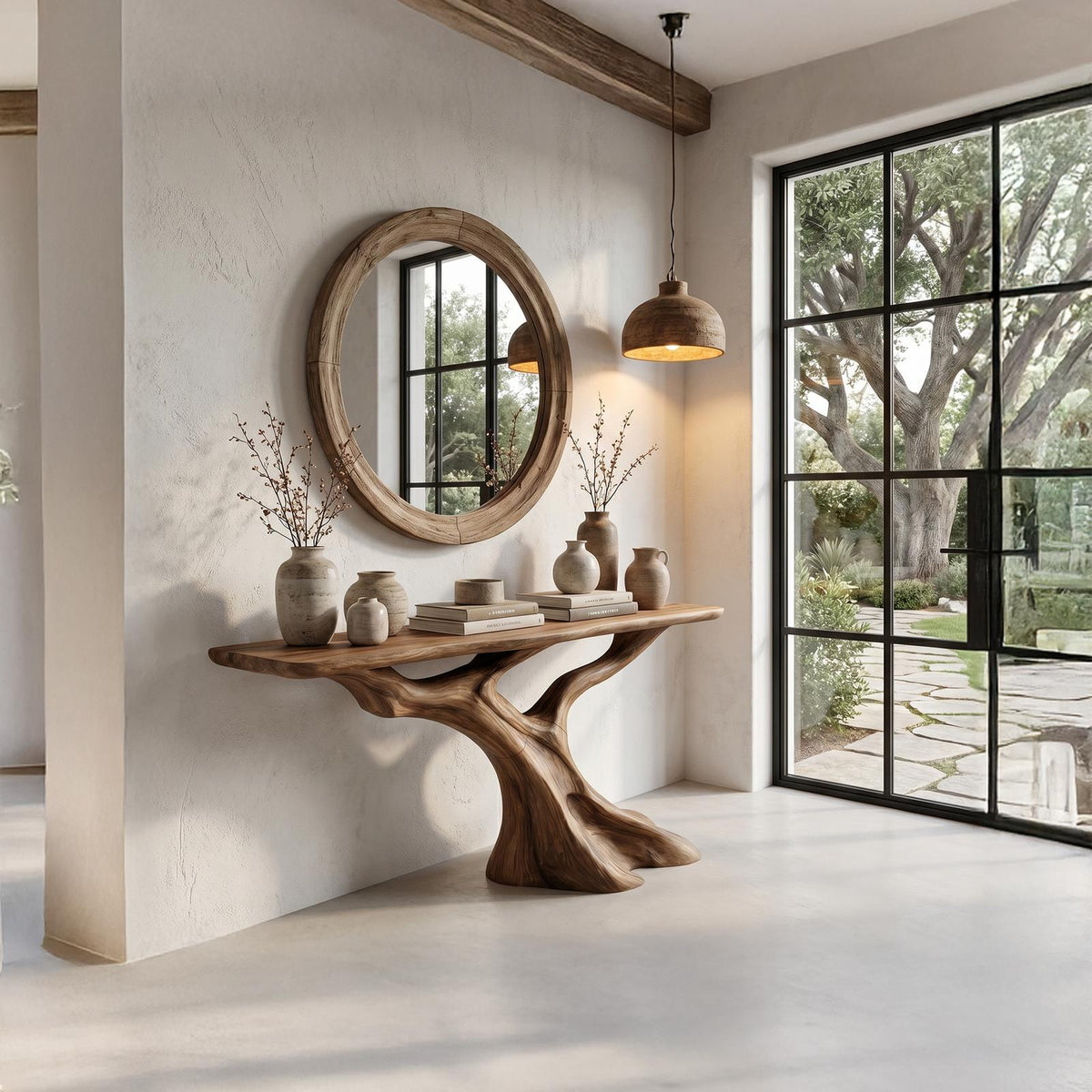 Nature Inspired Solid Wood Console Table with Tree Root Base, Rustic Live Edge Entryway Sofa Table for Living Room