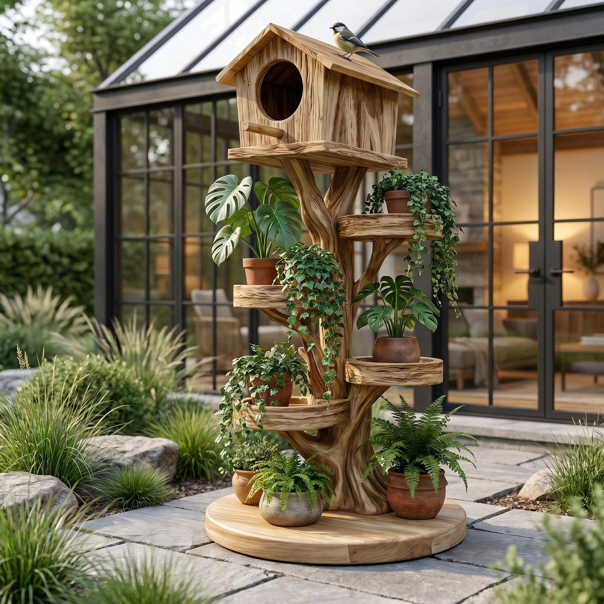 Rustic Tree Birdhouse With Built In Plant Stand For Garden SINLHAGD007