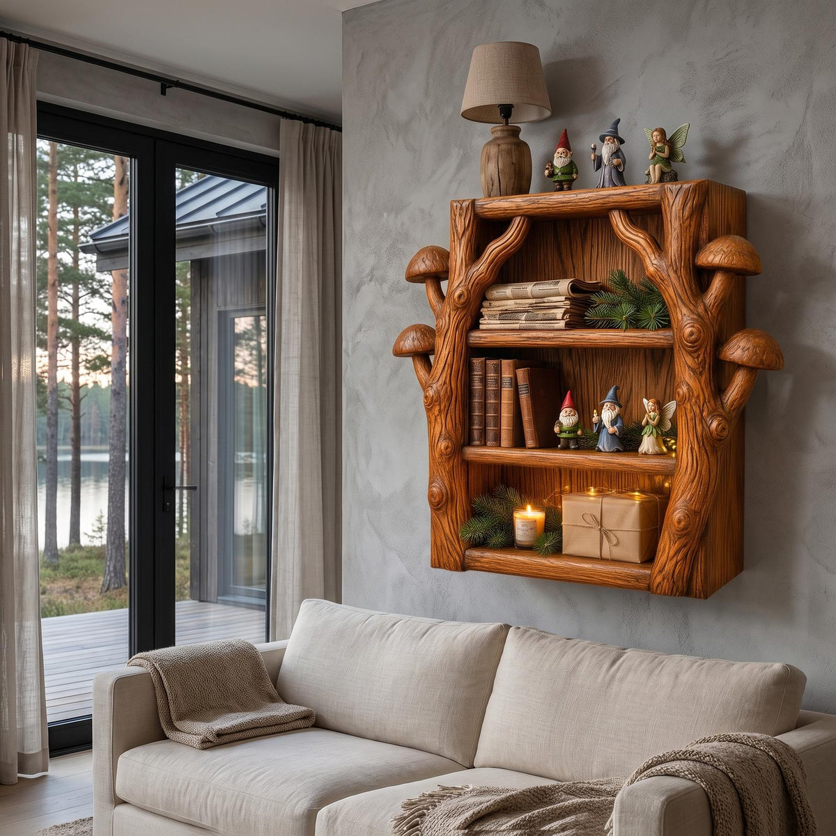 Modern Wall Bookshelf Handcrafted Tree Branch Design For Living Room