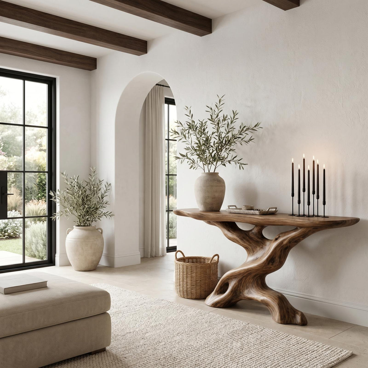 Live Edge Console Table with Sculptural Wood Base, Solid Wood Sofa Accent Table for Living Room
