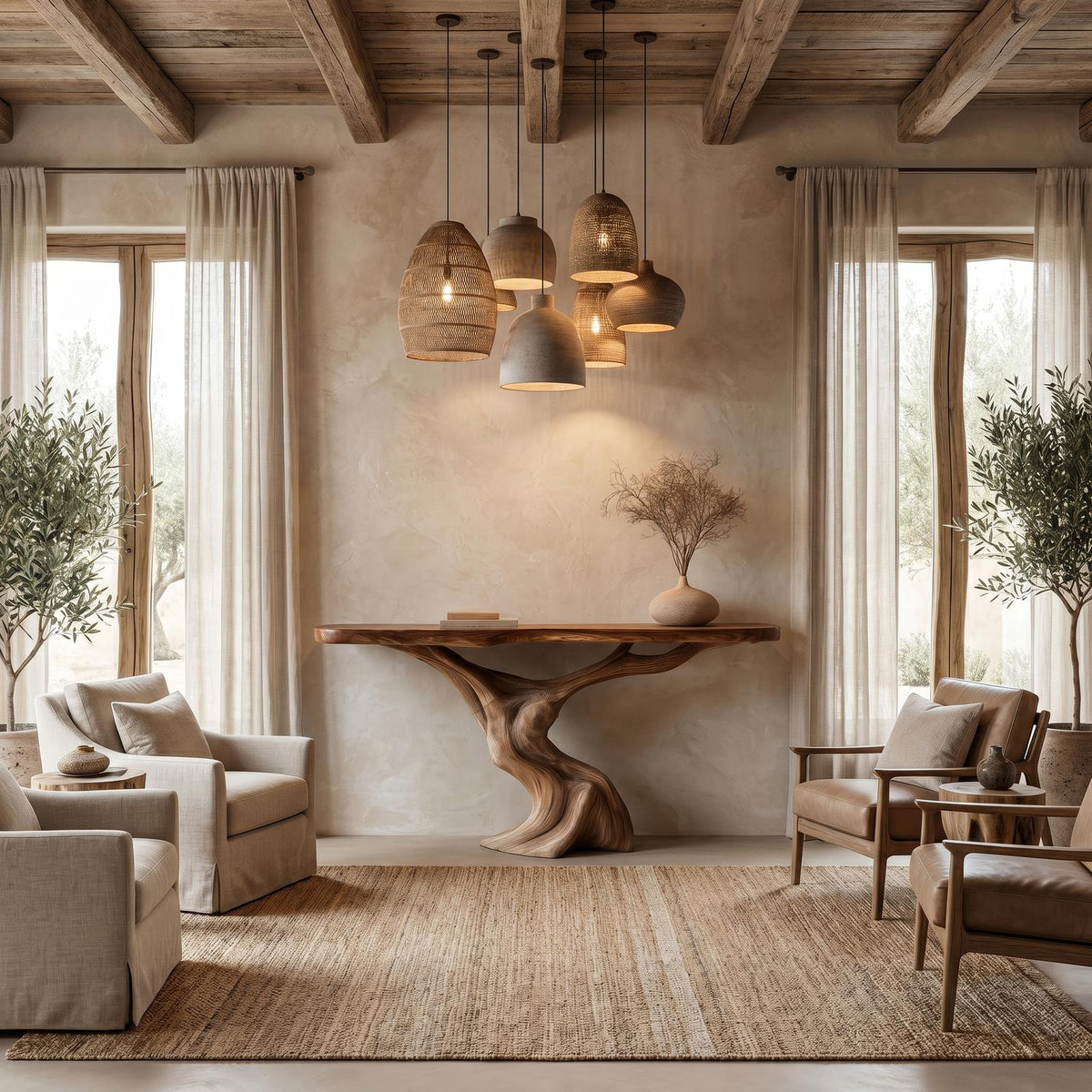 Rustic Organic Console Table, Sculptural Tree Wood Base Sofa Table for Entryway & Living Room