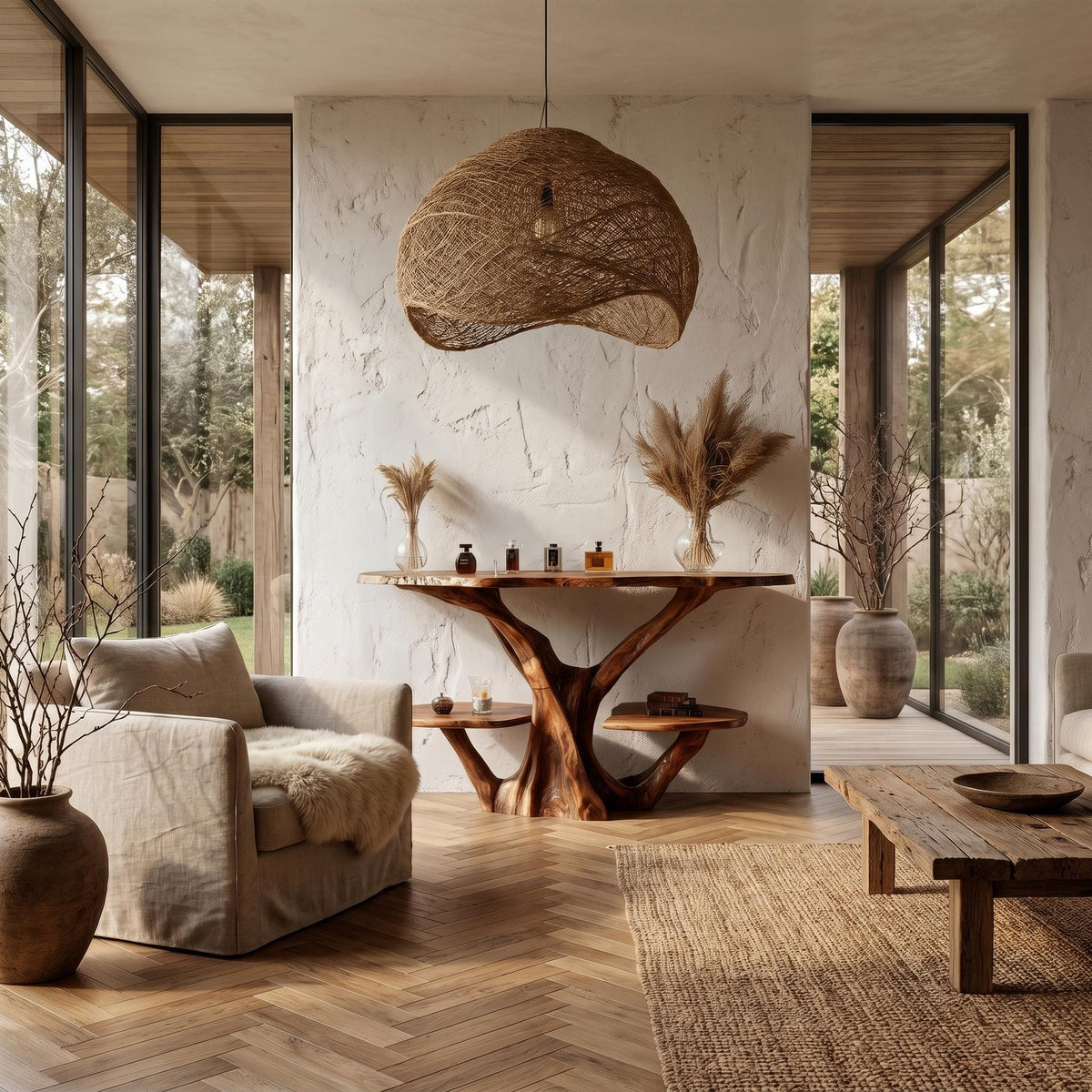 Organic Console Table, Natural Tree Branch Shaped Solid Wood Base Accent Table for Entryway Foyer & Living Room