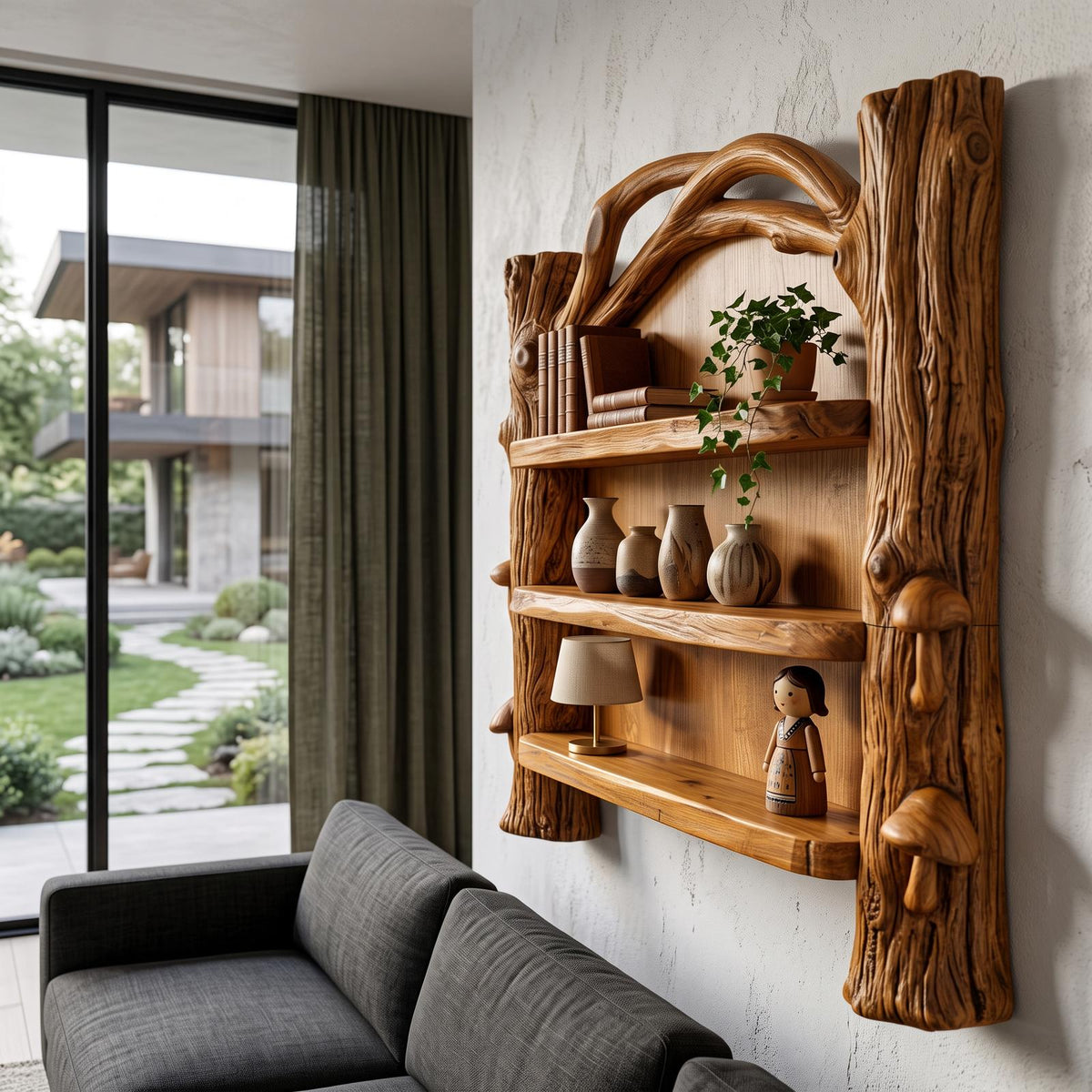 Sculptural Wall Bookshelf Handcrafted Organic Wood Shelves For Living Room