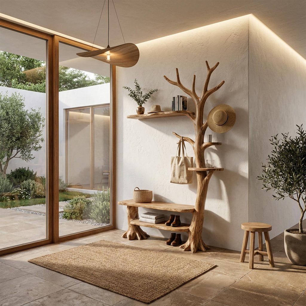 Rustic Tree Coat Rack with Integrated Bench and Floating Shelves, Wood Entryway Hall Tree