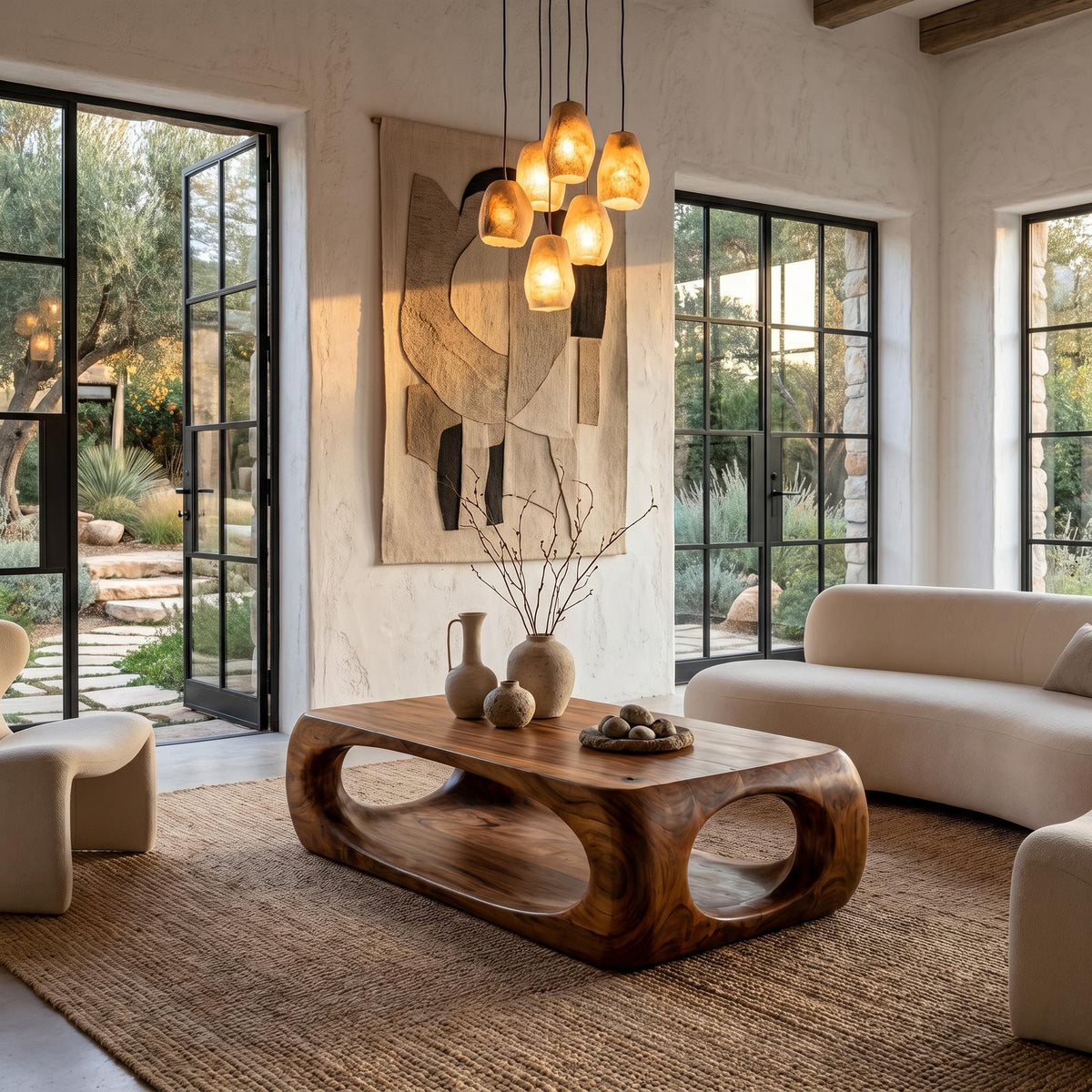 Nature Inspired Coffee Table with Flowing Open Form Base, Handcrafted Organic Solid Wood Center Table, Model