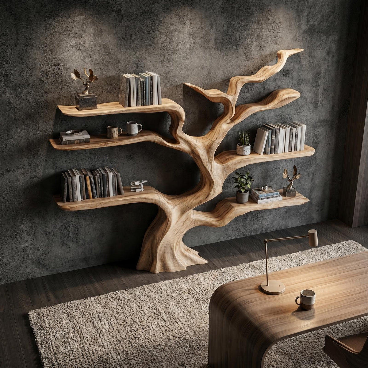 Nature-Inspired Tree Bookshelf, Floating Wooden Shelves, Tree-Shaped Bookcase for Wall