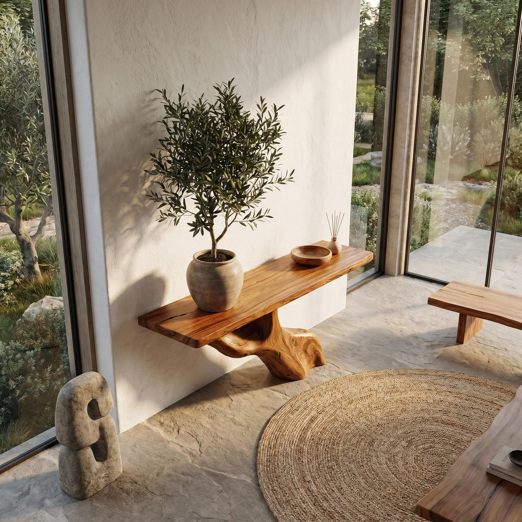 Tree Inspired Console Table, Rustic Live Edge Wood Top Slab with Natural Tree Root Base for Hallway & Foyer