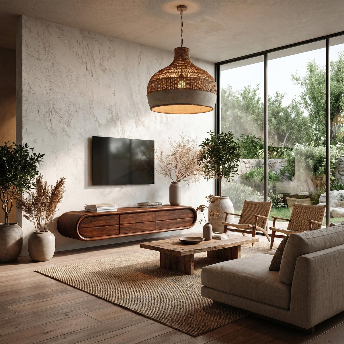 Organic Floating TV Cabinet, Sculptural Curved Solid Wood Wall Mounted Media Console Shelf for Living Room